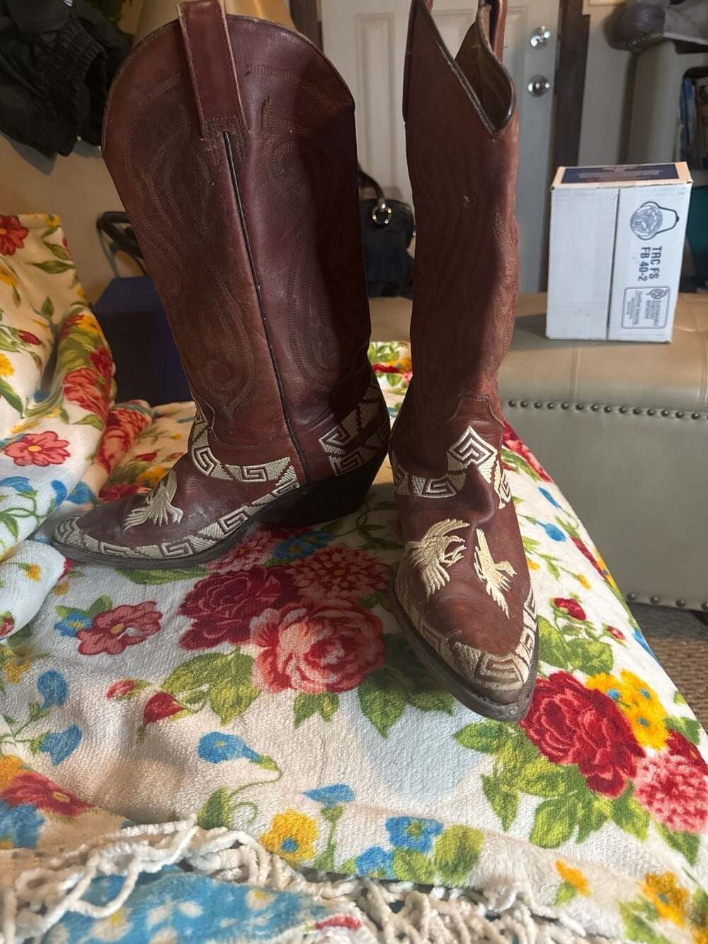 Vintage Rudel Leather Cowboy Boots with Embroidered Eagle and Greek Key Patterns